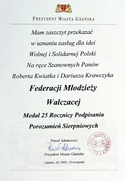 1 - Dokument nadania medalu 25 lecia "S" dla FMW